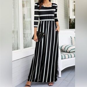 WNEEDU Women's 3/4 Sleeve striped Long Maxi Dresses with Pockets.